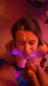 Submissive girlfriend takes a big facial and loves it POV amateur cumshot