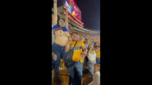 Mexican female fan Carla Garza lifting up her shirt showing her boobs in  stadium, public nudity 3612587