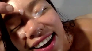 Asian slut happy after bukkake