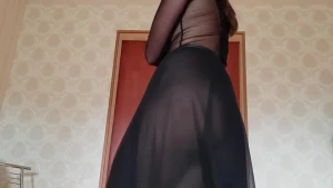 Russian beauty streams in see through dress and shows tits for money